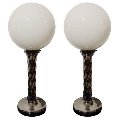 Mid-Century Table Lamps in White Opaline Glass with Chromed Columns, 1950s, Set of 2-NNB-640906