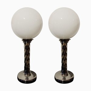 Mid-Century Table Lamps in White Opaline Glass with Chromed Columns, 1950s, Set of 2-NNB-640906