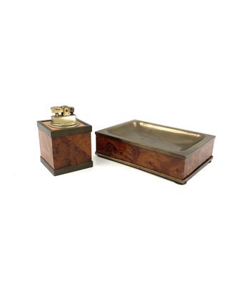 Mid-Century Tabletop Smoking Set in Wood and Brass with Ashtray and Table Lighter, Italy, 1950s, Set of 2-TXN-1729056