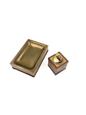 Mid-Century Tabletop Smoking Set in Wood and Brass with Ashtray and Table Lighter, Italy, 1950s, Set of 2-TXN-1729056