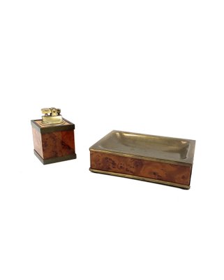 Mid-Century Tabletop Smoking Set in Wood and Brass with Ashtray and Table Lighter, Italy, 1950s, Set of 2-TXN-1729056