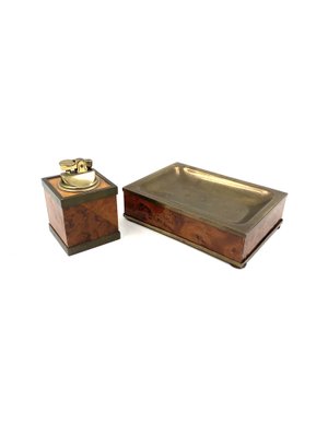 Mid-Century Tabletop Smoking Set in Wood and Brass with Ashtray and Table Lighter, Italy, 1950s, Set of 2-TXN-1729056