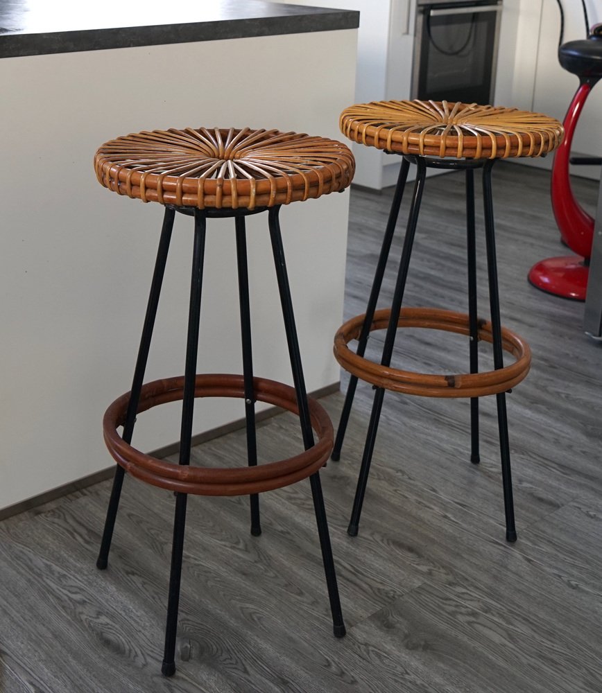 Mid-Century Tall Metal and Rattan Bar Stools by Dirk Van Sliedregt for Rohé Noordwolde, 1950s, Set of 2