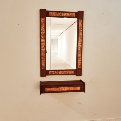 Mid-Century Teak and Copper Hallway Set with Mirror and Shelve, 1960s, Set of 2-LDW-1804505