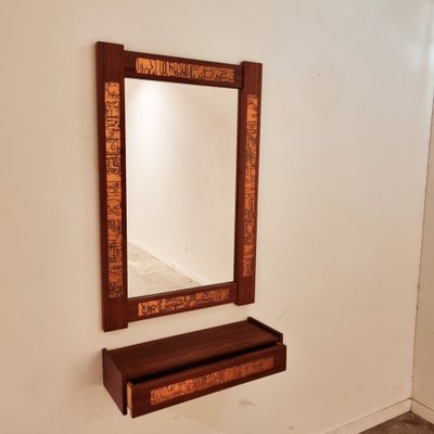 Mid-Century Teak and Copper Hallway Set with Mirror and Shelve, 1960s, Set of 2-LDW-1804505