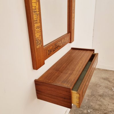 Mid-Century Teak and Copper Hallway Set with Mirror and Shelve, 1960s, Set of 2-LDW-1804505