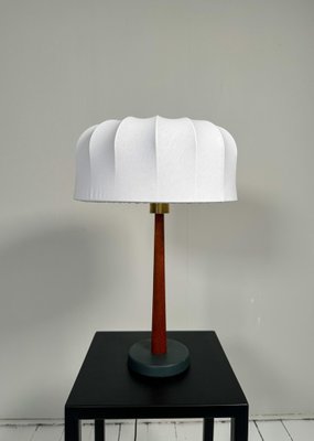 Mid-Century Teak and Cotton Table Lamp attributed to Einar Bäckström, Sweden, 1950s-UYK-1446764