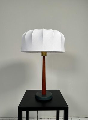 Mid-Century Teak and Cotton Table Lamp attributed to Einar Bäckström, Sweden, 1950s-UYK-1446764