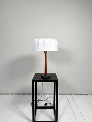 Mid-Century Teak and Cotton Table Lamp attributed to Einar Bäckström, Sweden, 1950s-UYK-1446764