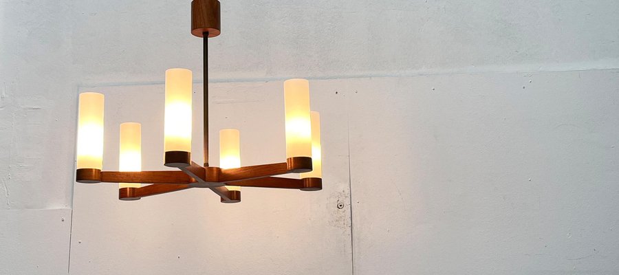 Mid-Century Teak and Glass Pendant Ceiling Lamp, 1960s-UAH-2027775