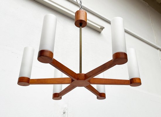 Mid-Century Teak and Glass Pendant Ceiling Lamp, 1960s-UAH-2027775