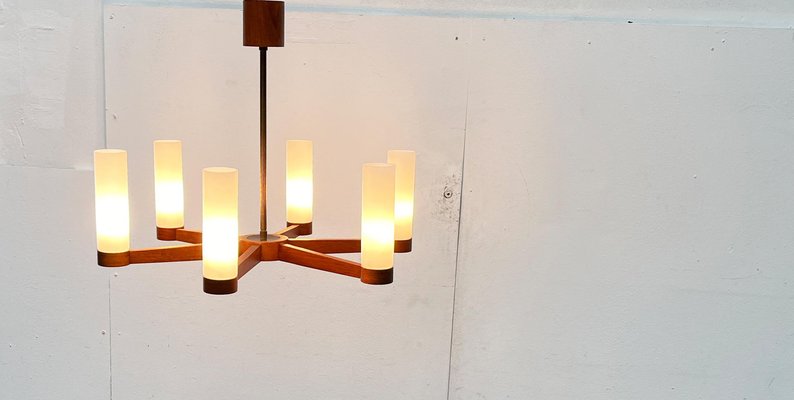 Mid-Century Teak and Glass Pendant Ceiling Lamp, 1960s-UAH-2027775