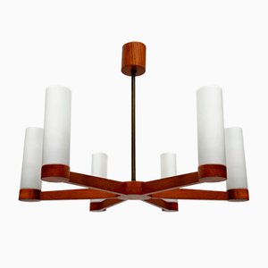 Mid-Century Teak and Glass Pendant Ceiling Lamp, 1960s-UAH-2027775