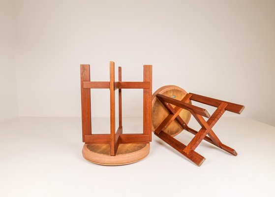 Mid-Century Teak and Leather Stools by Uno & Östen Kristiansson for Luxus, Sweden, Set of 2-UYK-1006112