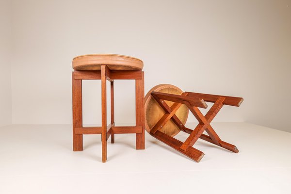 Mid-Century Teak and Leather Stools by Uno & Östen Kristiansson for Luxus, Sweden, Set of 2-UYK-1006112