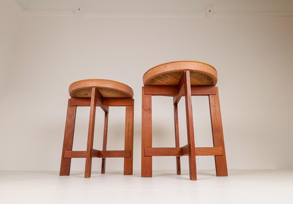 Mid-Century Teak and Leather Stools by Uno & Östen Kristiansson for Luxus, Sweden, Set of 2-UYK-1006112