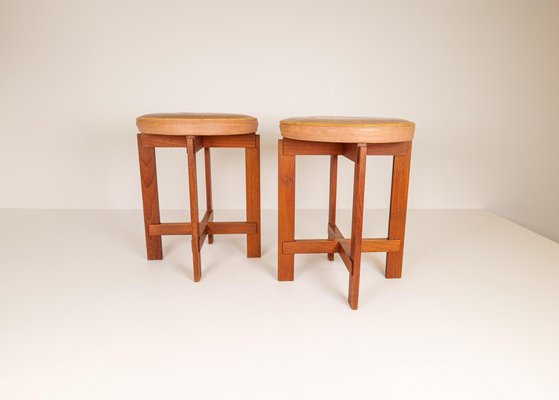 Mid-Century Teak and Leather Stools by Uno & Östen Kristiansson for Luxus, Sweden, Set of 2-UYK-1006112