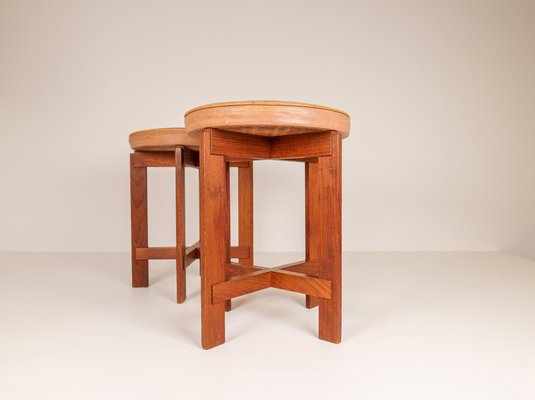 Mid-Century Teak and Leather Stools by Uno & Östen Kristiansson for Luxus, Sweden, Set of 2-UYK-1006112