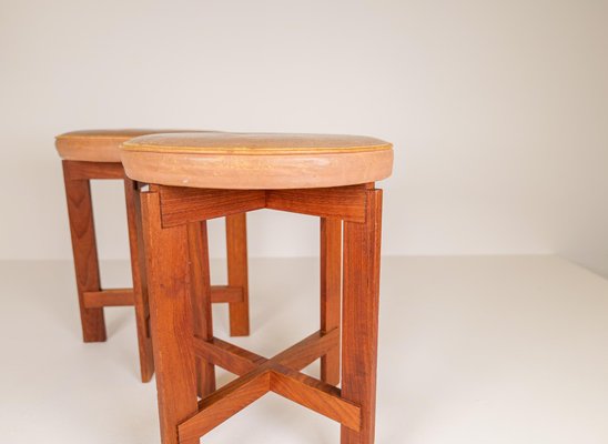 Mid-Century Teak and Leather Stools by Uno & Östen Kristiansson for Luxus, Sweden, Set of 2-UYK-1006112