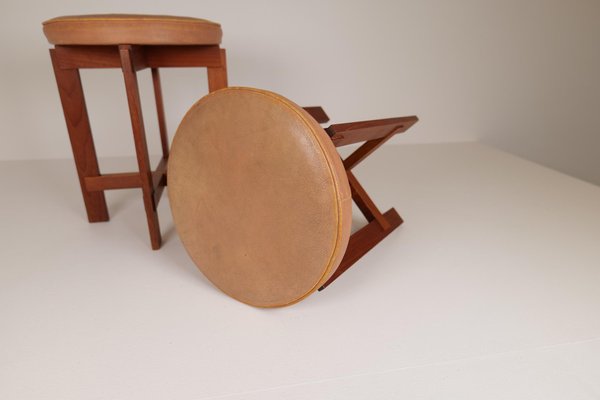 Mid-Century Teak and Leather Stools by Uno & Östen Kristiansson for Luxus, Sweden, Set of 2-UYK-1006112