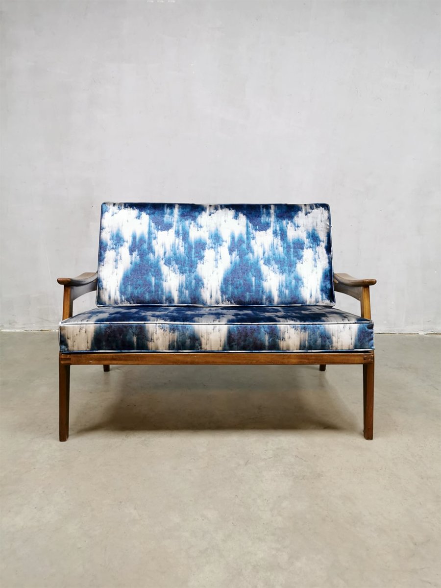 Mid-Century Teak & Blue Silk Loveseat