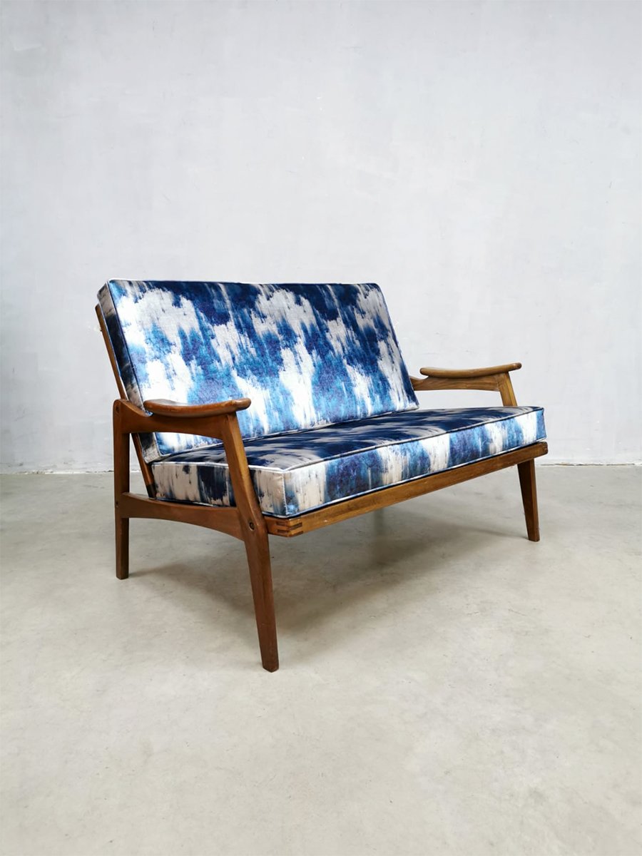 Mid-Century Teak & Blue Silk Loveseat