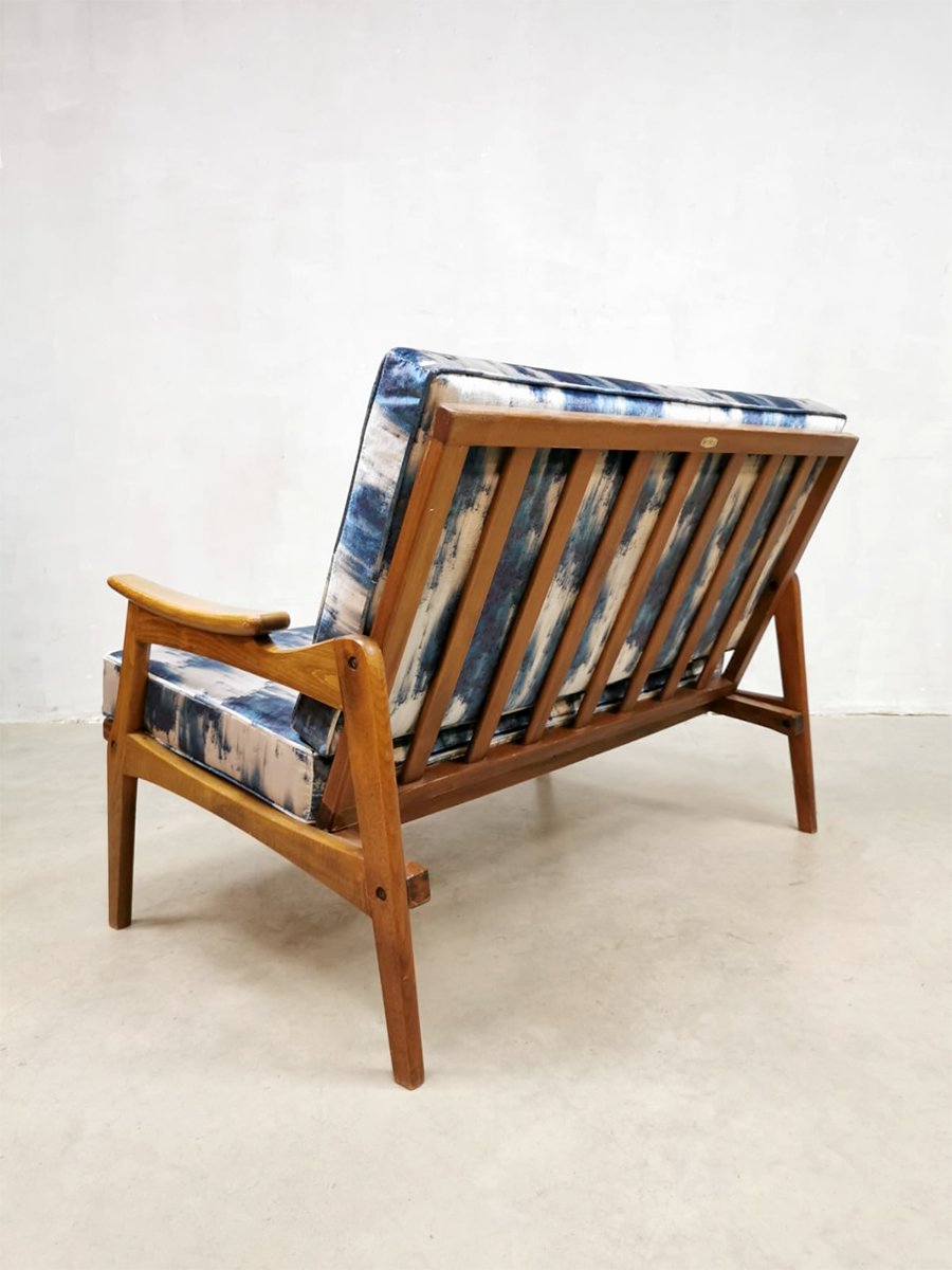 Mid-Century Teak & Blue Silk Loveseat