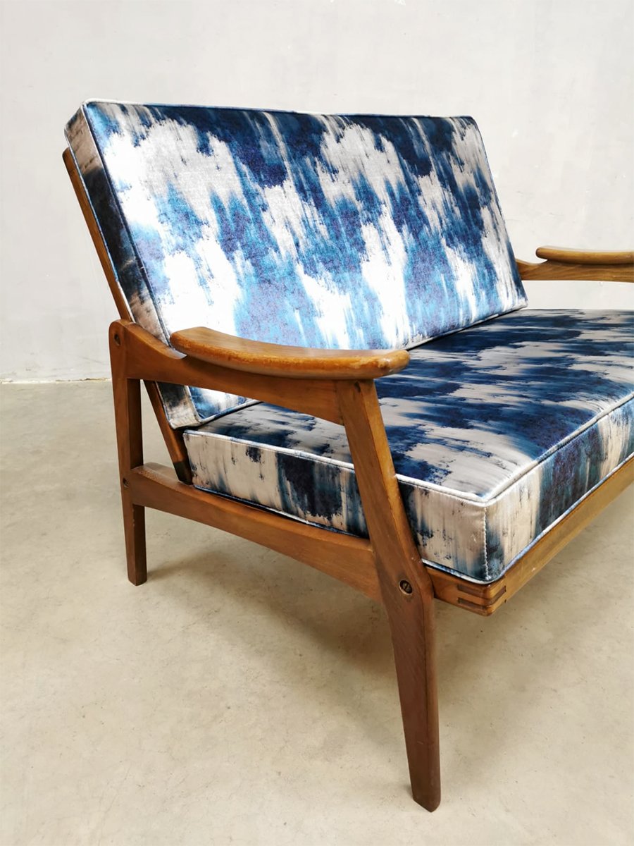 Mid-Century Teak & Blue Silk Loveseat