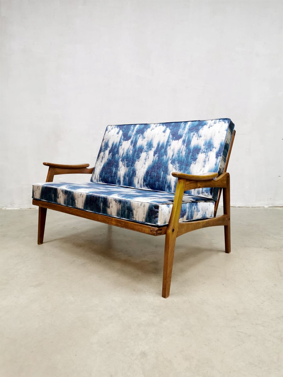 Mid-Century Teak & Blue Silk Loveseat