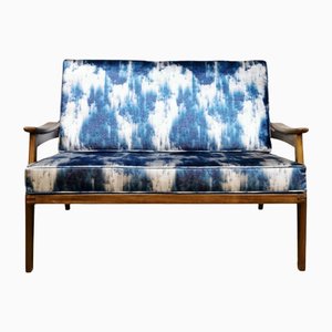 Mid-Century Teak & Blue Silk Loveseat-BW-1259945