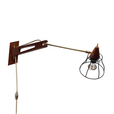 Mid-Century Teak & Brass Swing Arm Wall Lamp-NUX-1162462