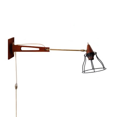 Mid-Century Teak & Brass Swing Arm Wall Lamp-NUX-1162462