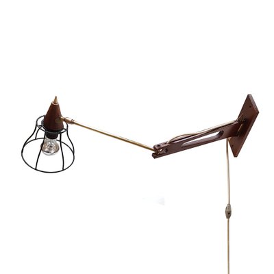 Mid-Century Teak & Brass Swing Arm Wall Lamp-NUX-1162462