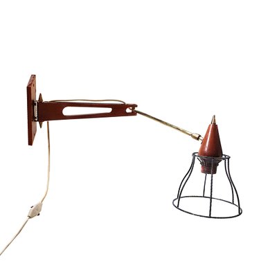 Mid-Century Teak & Brass Swing Arm Wall Lamp-NUX-1162462