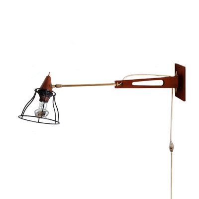 Mid-Century Teak & Brass Swing Arm Wall Lamp-NUX-1162462