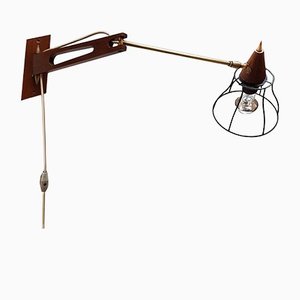 Mid-Century Teak & Brass Swing Arm Wall Lamp-NUX-1162462