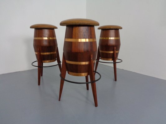 Mid-Century Teak & Copper Barstools, 1960s, Set of 3-RDW-1080188