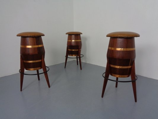 Mid-Century Teak & Copper Barstools, 1960s, Set of 3-RDW-1080188