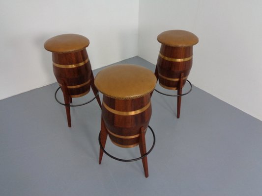 Mid-Century Teak & Copper Barstools, 1960s, Set of 3-RDW-1080188