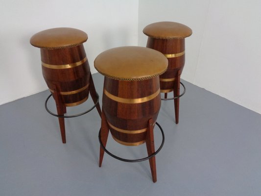 Mid-Century Teak & Copper Barstools, 1960s, Set of 3-RDW-1080188