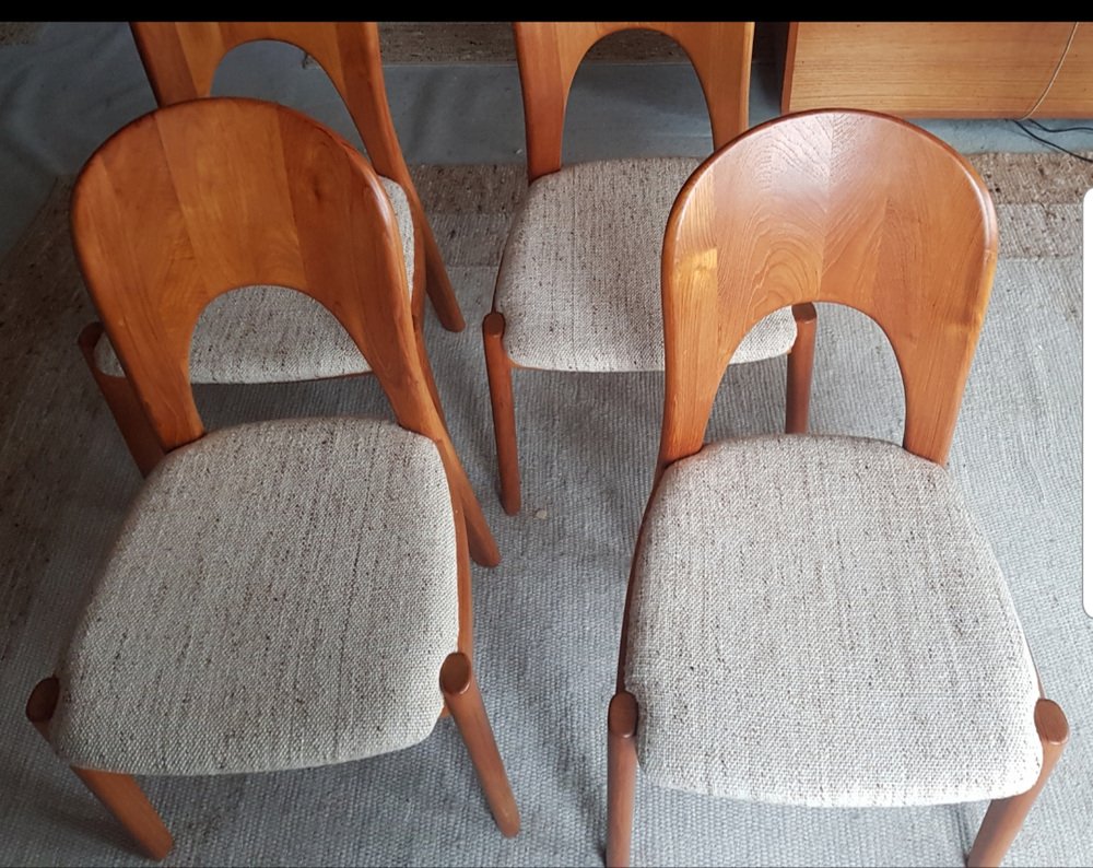 Mid-Century Teak Dining Chairs with Original Wool Fabric by Nils Koefod for Koefoeds Hornslet, 1960s, Set of 4