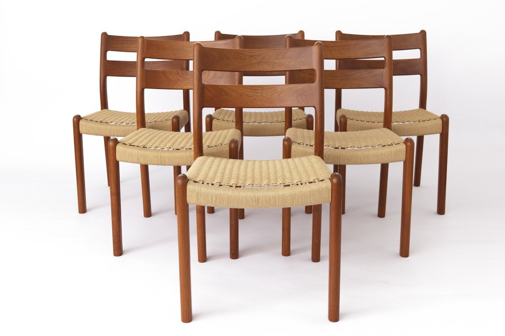 Mid-Century Teak Dining Chairs with Papercord Seats from EMC, Denmark, 1960s, Set of 6