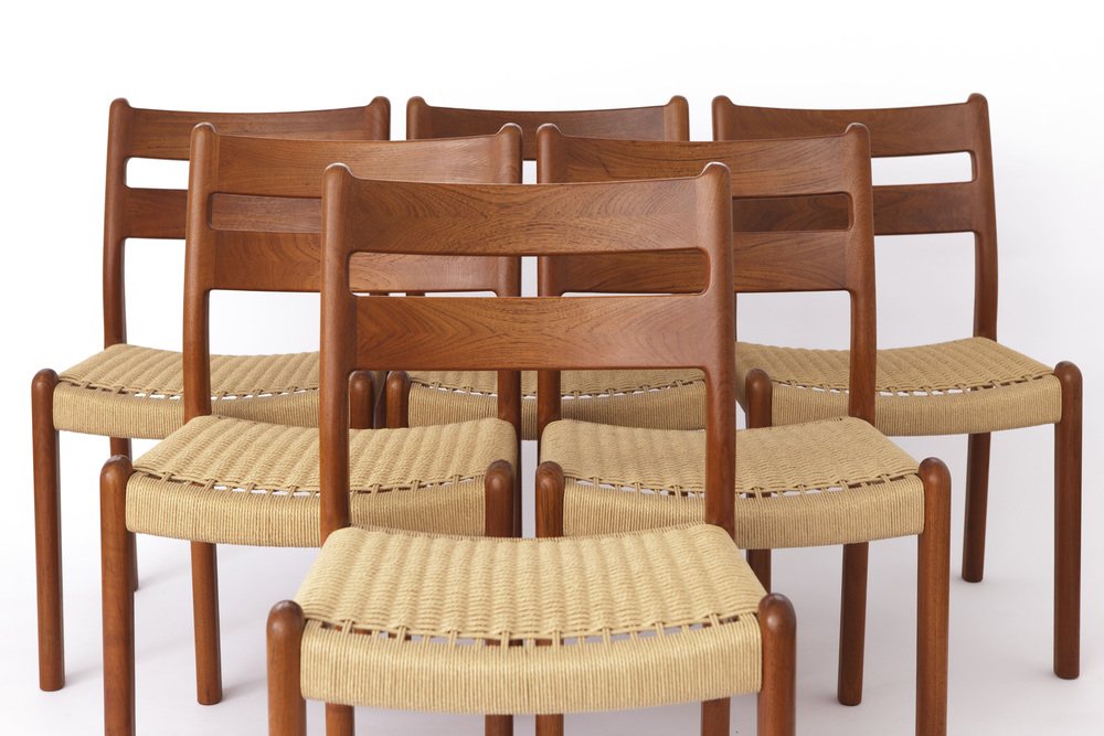 Mid-Century Teak Dining Chairs with Papercord Seats from EMC, Denmark, 1960s, Set of 6