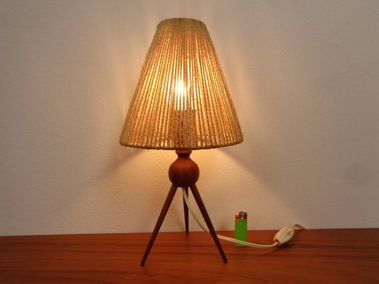 Mid-Century Teak & Sisal Tripod Table Lamp, Denmark, 1950s-RDW-1821282