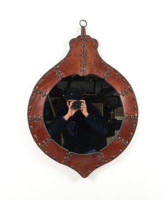 Mid-Century Teardrop Wall Mirror in Leather in the style of Jacques Adnet, Italy, 1960s-LYQ-1784878