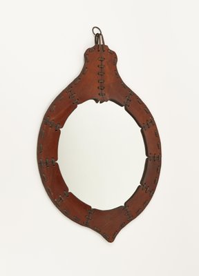 Mid-Century Teardrop Wall Mirror in Leather in the style of Jacques Adnet, Italy, 1960s-LYQ-1784878