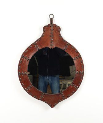 Mid-Century Teardrop Wall Mirror in Leather in the style of Jacques Adnet, Italy, 1960s-LYQ-1784878