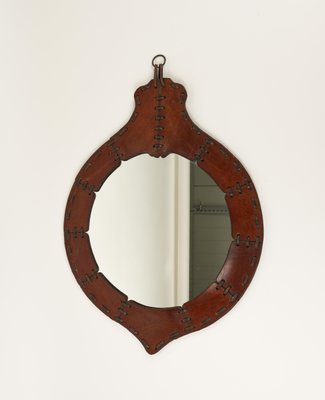 Mid-Century Teardrop Wall Mirror in Leather in the style of Jacques Adnet, Italy, 1960s-LYQ-1784878