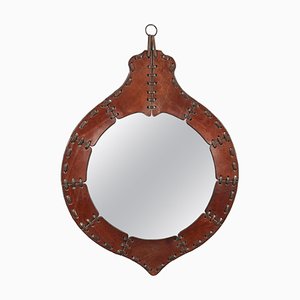 Mid-Century Teardrop Wall Mirror in Leather in the style of Jacques Adnet, Italy, 1960s-LYQ-1784878