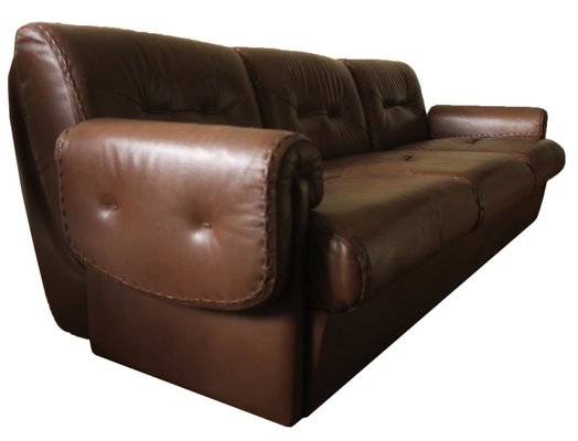 Mid-Century Three-Seater Sofa in Stitched Brown Leather, 1970s-ED-2033248